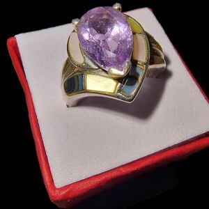Whitney Kelly Amethyst, Abalone, MOP Shell, & Sterling Silver Ring Size 8